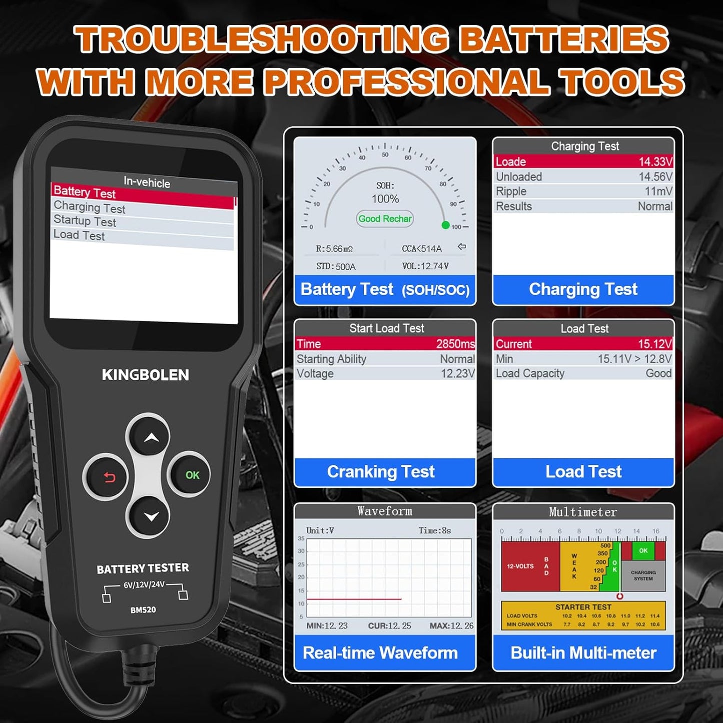 KINGBOLEN BM520 6V 12V 24V Car Battery Tester, 100-2000 CCA Automotive Load Tester Accurate Digital Auto Battery Analyzer Cranking and Charging System Tester for Cars Trucks SUV Motorcycle