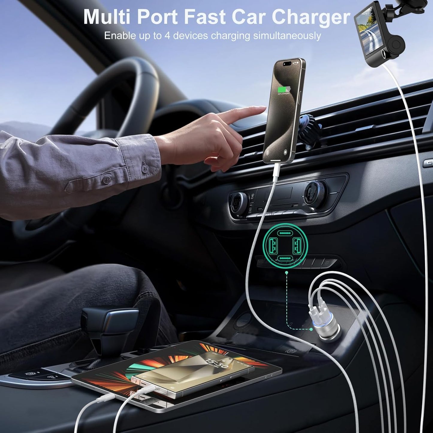 USB C Car Charger, Bangfun 65W 4 Port Dual 12V USB C & USB A Car Cigarette Lighter Adapter QC/PD 30W Fast Charge Car Phone Charger for iPhone 16 15 14 13 12 iPad Pro,Samsung,Pixel(Silver)