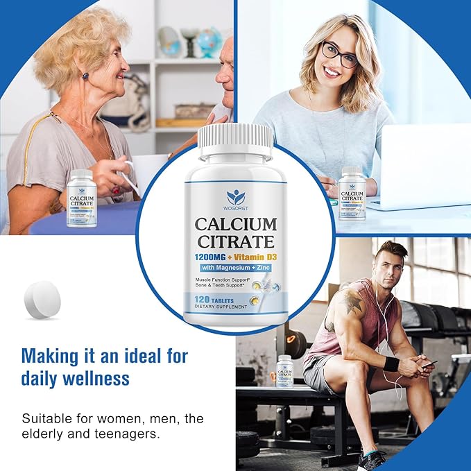 Calcium Citrate 1200mg Supplement with Vitamin D3 for Women and Men - Calcium Magnesium Zinc D3 Supplement for Bone, Teeth, Immune Support, Vegan-Friendly - 120 Tablets