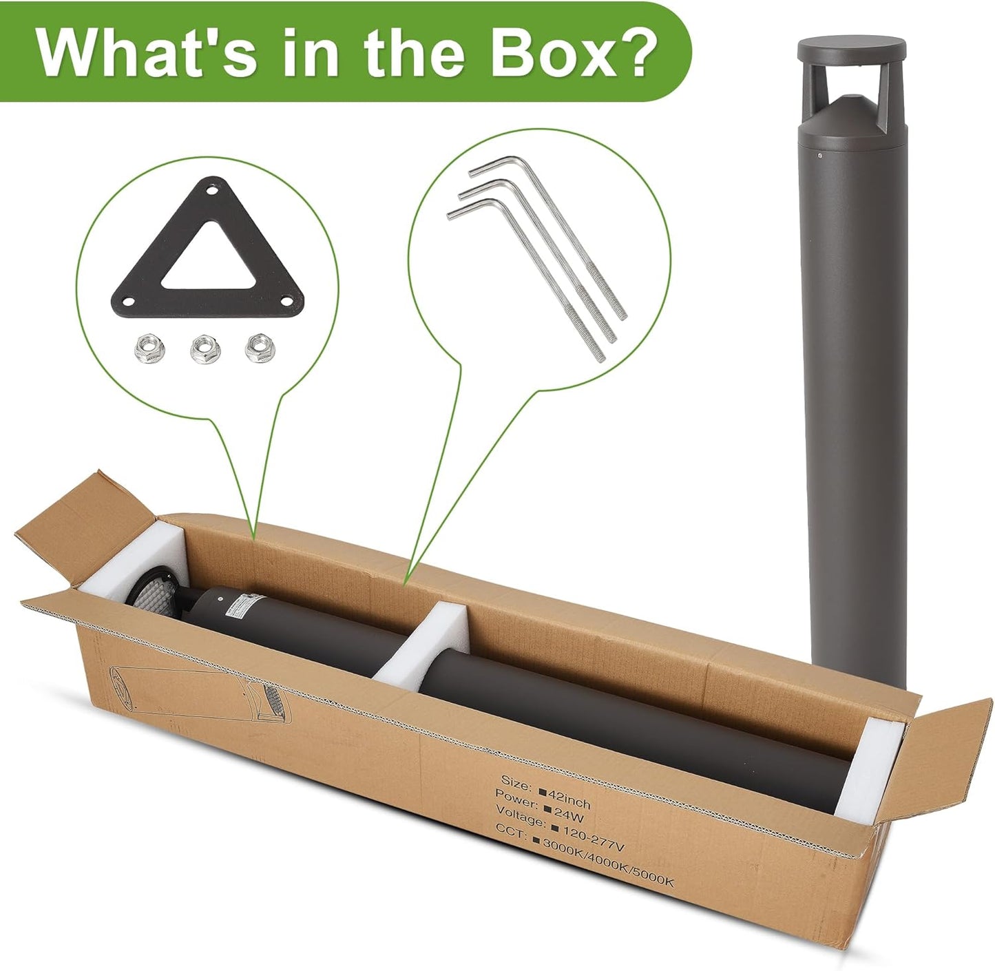 LED Bollard Landscape Light, 42inch 24W 3CCT 30K/40K/50K Selectable, 120V-277V Commercial/Residential Ballard Lighting Fixture for Garden, Pathway, Driveway, Die-cast Aluminum, Bronze