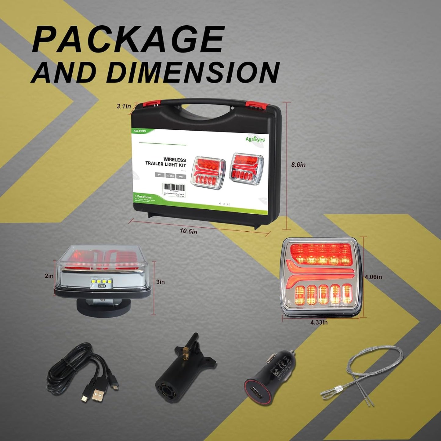 Agrieyes Wireless Trailer Lights, Magnetic LED Trailer Light Rechargeable, Portable Tow Lights Kit for Trucks, Wrenker, Boat, RV, Caravan, DOT Compliant