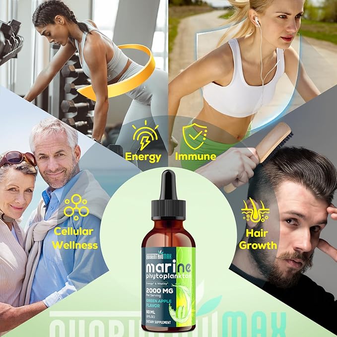 Marine Phytoplankton Drops 2000mg - High Absorption Phytoplankton Supplement with Wheatgrass & Fo-ti for Cellular Wellness, Hair Growth, Energy & Immunity - Green Apple Flavor, 2 fl oz (Pack of 1)