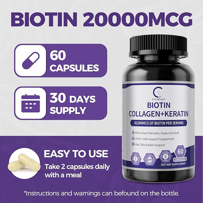 GPGP GreenPeople Biotin | Collagen | Keratin - Hair Growth biotin 20000MCG-Hair, Skin & Nails with Multivitamins & Minerals for Men & Women - 60 Capsules
