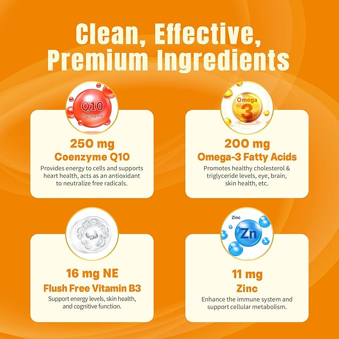 Sugar-Free CoQ10-250mg Filled Gummies - 4 Months Supply - Plus Omega-3, Vitamin B3 & Zinc, High Absorption Coenzyme Q10 Supplements for Hear-t Health, Cellular Energy & Antioxidant Support, 2-Pack
