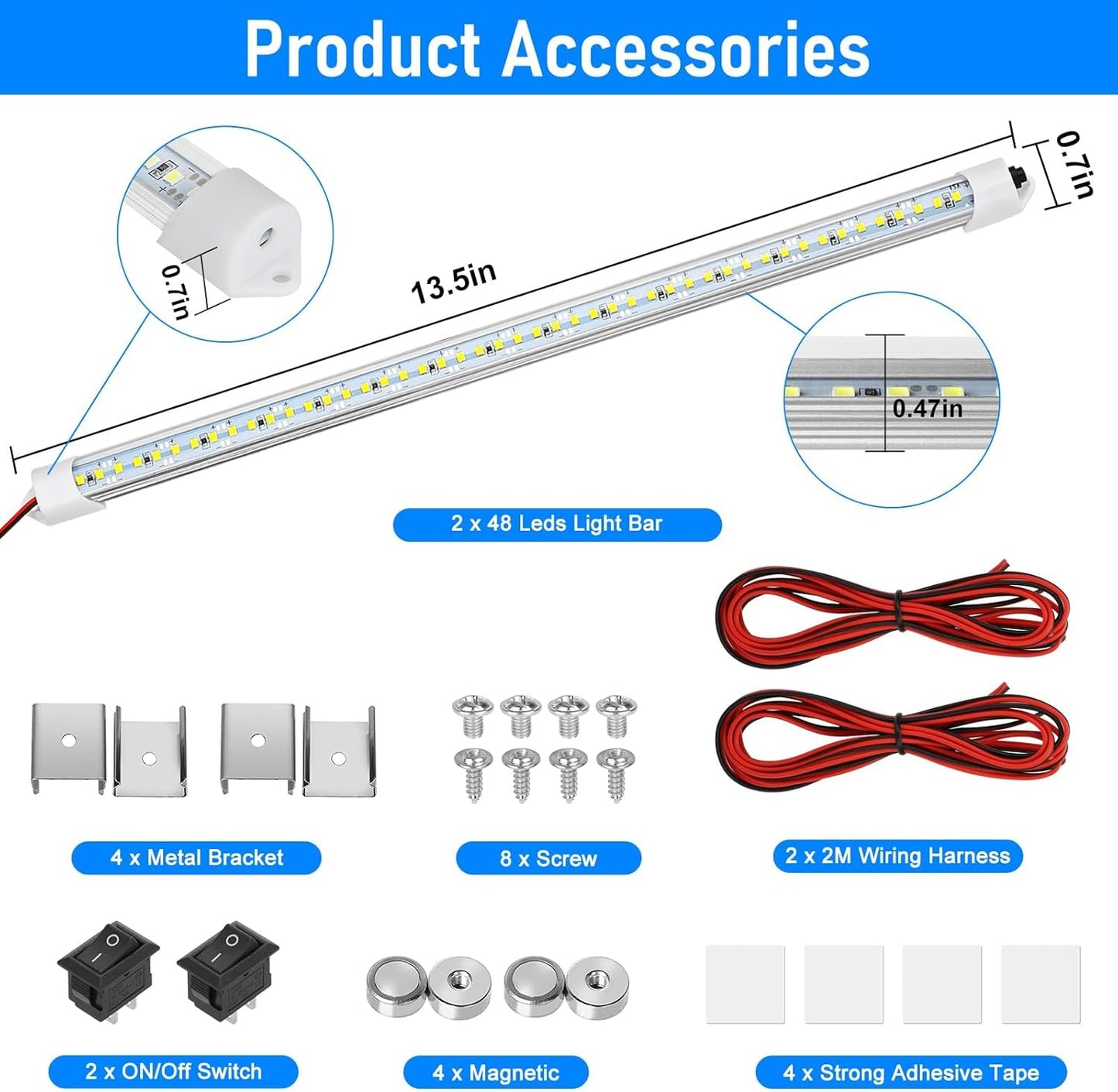 Linkstyle 2PCS 12V Interior LED Light Bar, 48 LEDs Slim Light Strip w/Switch, for Car Trailer Truck RV Van Boat, 6500K