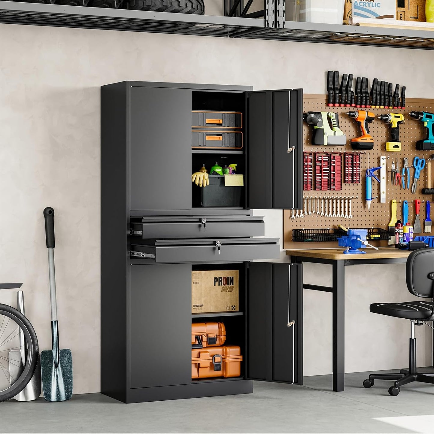 Yizosh Metal Garage Storage Cabinet with Locking Doors and Adjustable Shelves, 71" Tool Storage Cabinet with 2 Drawer for Garage,Warehouse