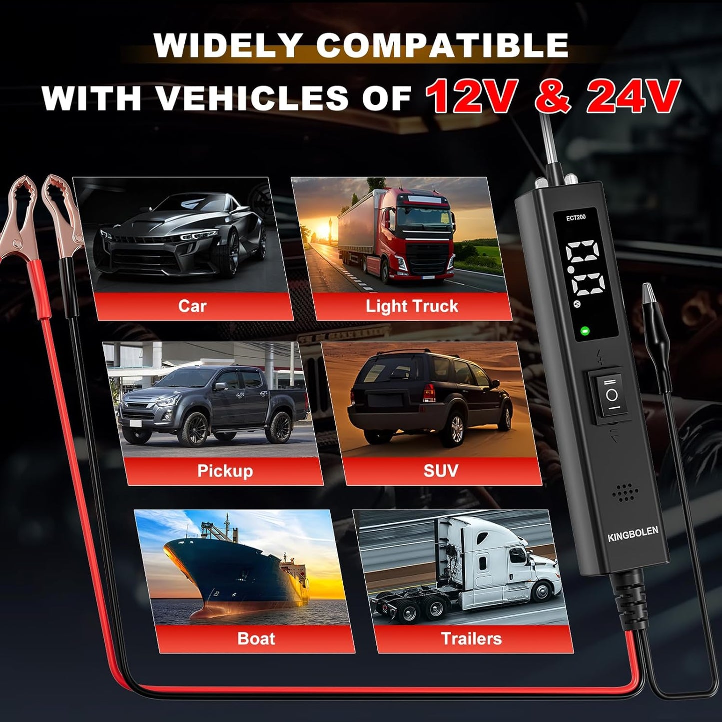 KINGBOLEN ECT200 Automotive Electrical Circuit Tester, 12V 24V Car Voltage Test Power Probe Tester, Component Activation, Continuity Test, Trailer Light Tester, Short Circuit Finder, 16.5FT Cable