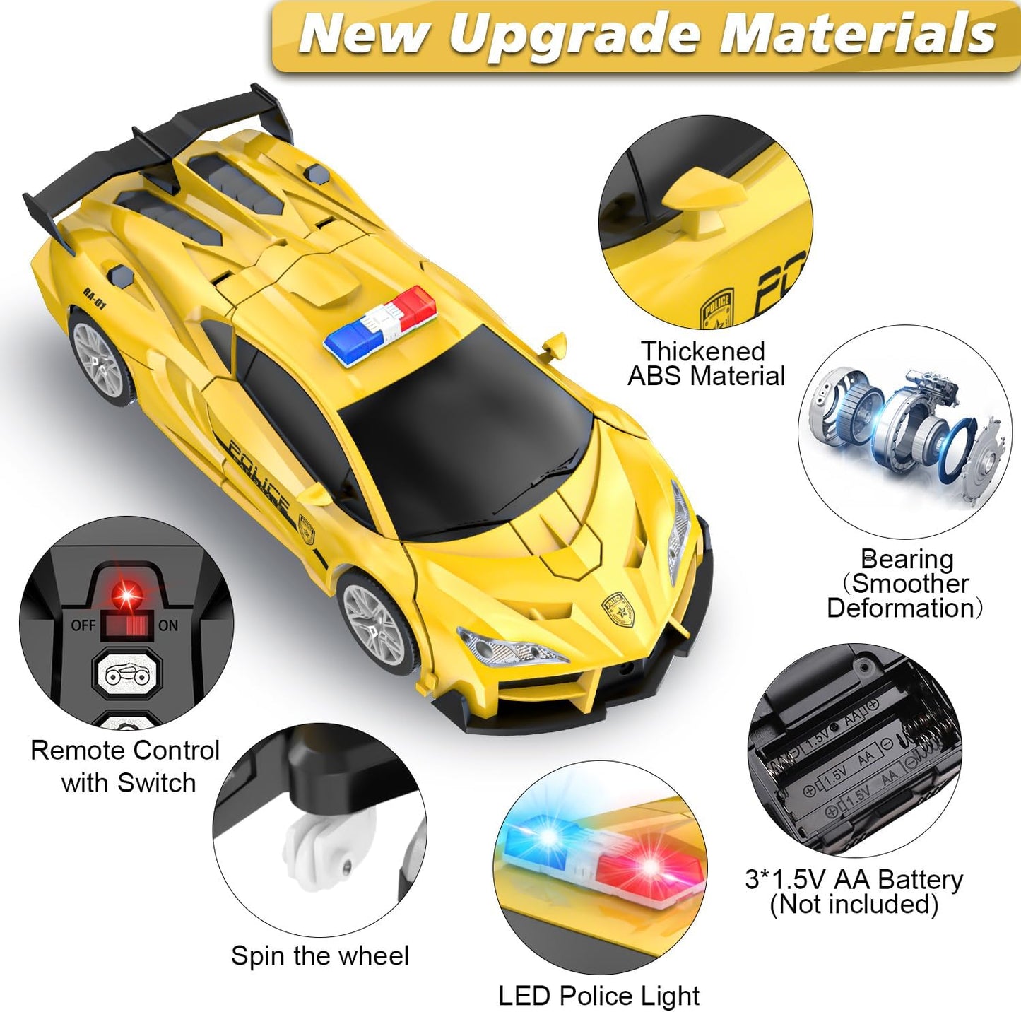 Remote Control Car for Boys 4-7, 2.4GHz RC Car 1:18 Scale, One-Button Transforming Toy with 360° Spins, LED Lights(Yellow)