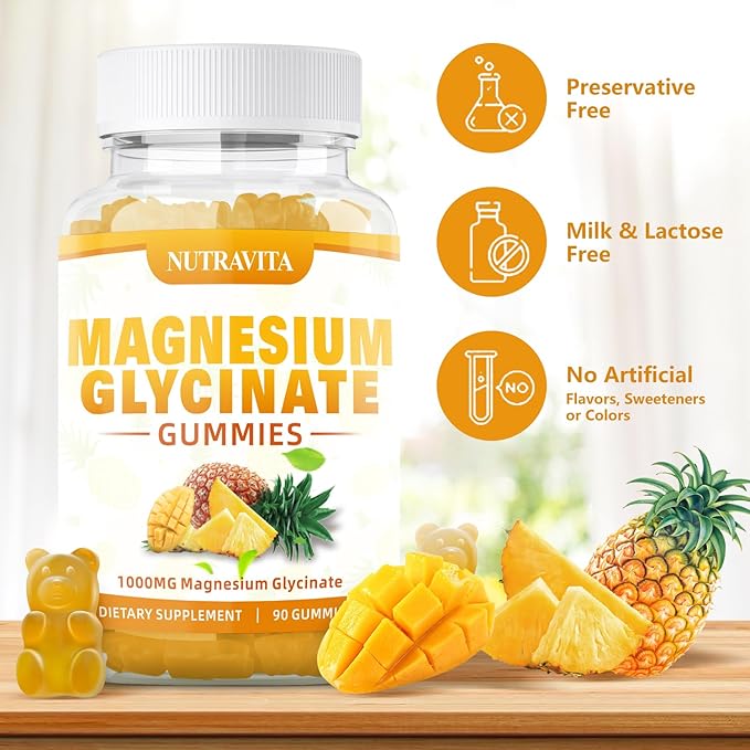 Magnesium Glycinate Gummies 1000mg with Magnesium L-Threonate,Chelated Magnesium Potassium Complex Supplement with VitD, B6, CoQ10, Calcium,Supports for Memory, Calm, Mood-180 Mango Pineapple Gummies