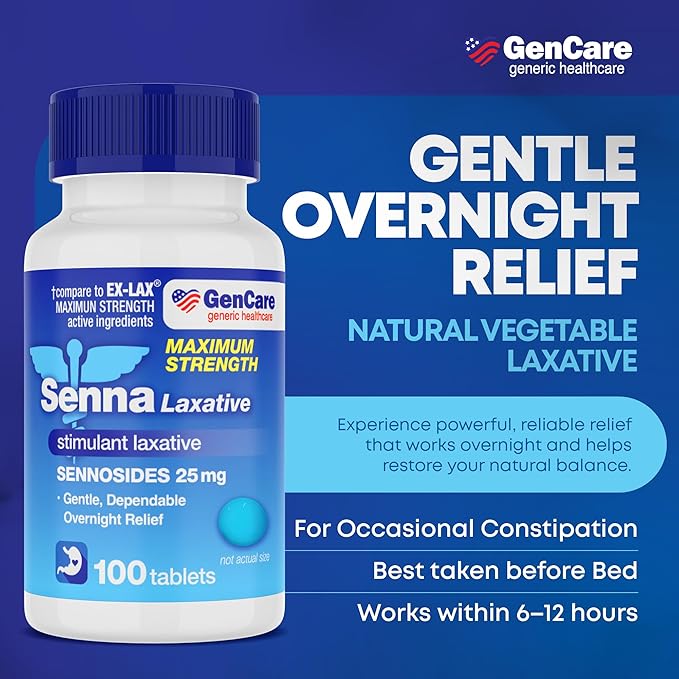 GenCare - Maximum Strength Senna Laxative 25mg (100 Tablets) - Gentle Constipation Relief Sennosides USP Stimulant Laxatives Digestion Pills - Natural Overnight Relief while You Sleep - Generic Ex Lax