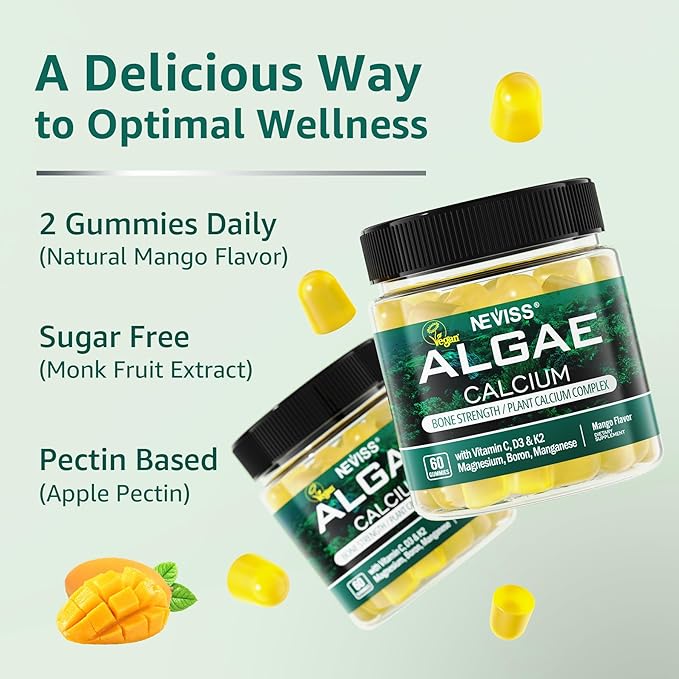 NEVISS Calcium Gummies for Women, Sugar Free Calcium Supplement with Vitamin D3 K2, C, Zinc, Boron, Sustainable Algae (3rd Party Tested) for Bone Strength, Calcium Absoption, Vegan, 60 Counts