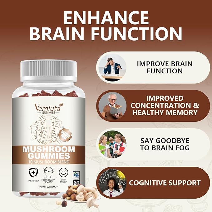 1 Pack 5000MG Mushroom Gummies -10 Blend Organic Mushroom Supplement containing Lion's Mane and Reishi for Brain and Immune Boosting, Blueberry Flavor, Non-GMO, 60 Counts