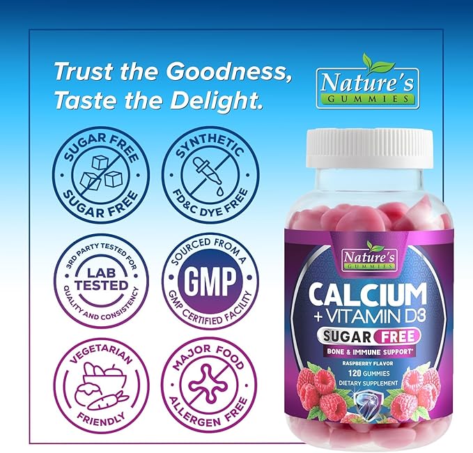 Sugar Free Chewable Calcium Gummy Vitamins - Plus 400 IU Vitamin D3 for Bone, Teeth, & Immune Health Support - Calcium Supplements for Women & Men Daily, Non-GMO, Berry Flavored - 120 Gummies