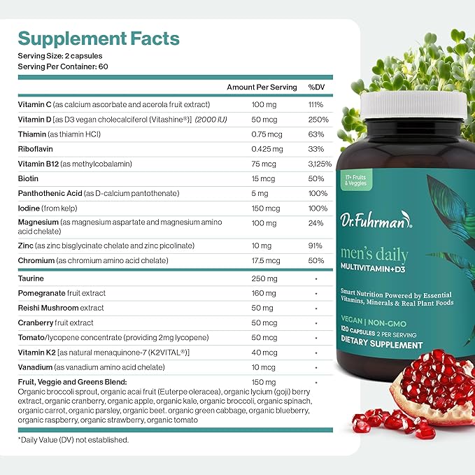 Dr. Fuhrman Multivitamin for Men + D3 Vitamin for Immune Support | Vegan Formula Men’s Multivitamin with B12 & Zinc | Whole Food multivitamin Packed with 17 Fruits & Veggies | Non GMO | 120 Capsule