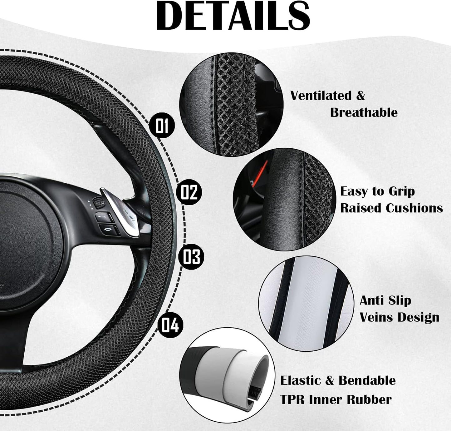 CAR PASS 3D Air Mesh Car Seat Covers Full Sets w/5mm Sponge, 4Pcs Waterproof Car Floor Mats, Steering Wheel Cover Universal Fit for SUV Sedan Truck, Airbag Compatible Automotive Interior(Black)