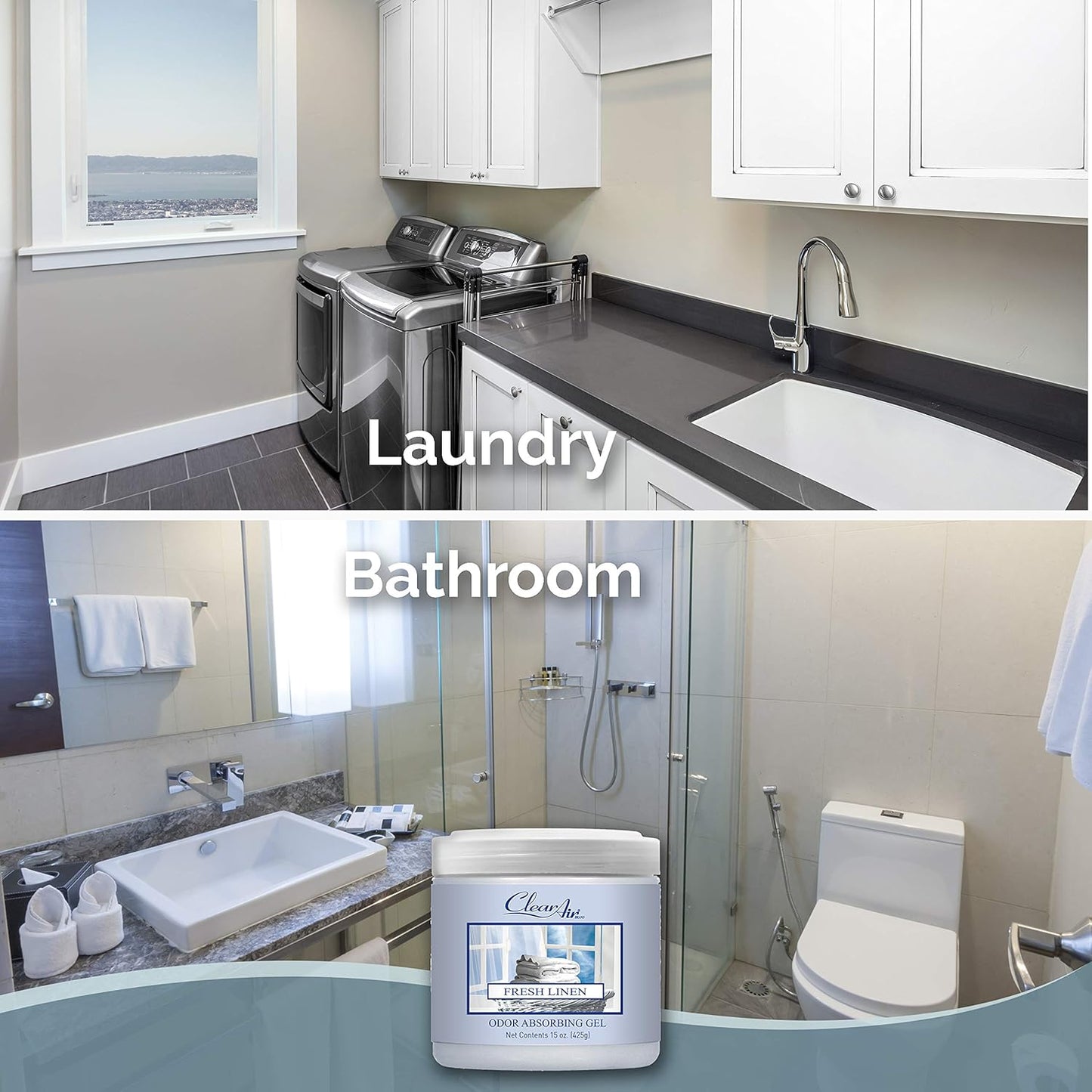 Clear Air Odor Absorber Gel - 15 oz, Pack of 2 - Air Freshener Absorbs and Eliminates Odors in Bathrooms, Cars, Boats, RVs and Pet Areas - Made with Essential Oils - Fresh Linen Scent