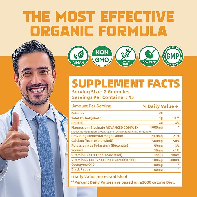 Magnesium Glycinate Gummies 1000mg with Magnesium L-Threonate,Chelated Magnesium Potassium Complex Supplement with VitD, B6, CoQ10, Calcium,Supports for Memory, Calm, Mood - 90 Gummies Orange