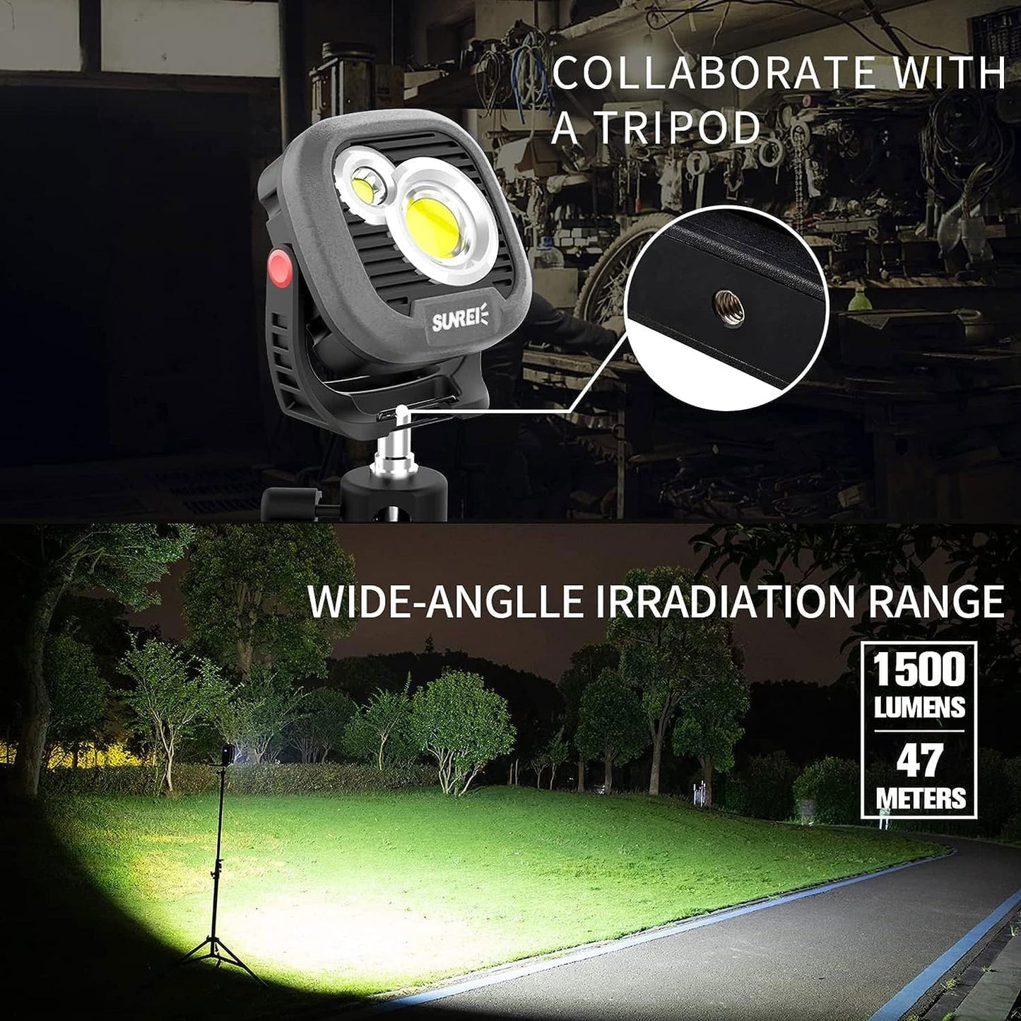 LED Rechargeable Magnetic Work Light SUNREI Mechanic Light Power Bank 180° Rotating, 1500LM, 6 Modes, Magnetic&Hook, 13500mAh Battery, Magnetic Flashlight for Camping, Car Repairing (Gary)