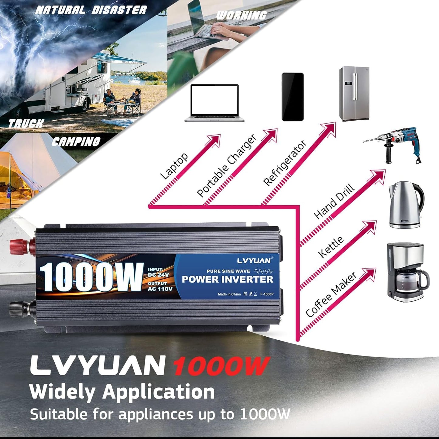 LVYUAN 1000 Watt Pure Sine Wave Power Inverter 24V to 110V/120V DC to AC Converter with Dual Sockets, Dual USB Ports, LED Display for Home Outdoor RV Car Power Inverter Power Adapter