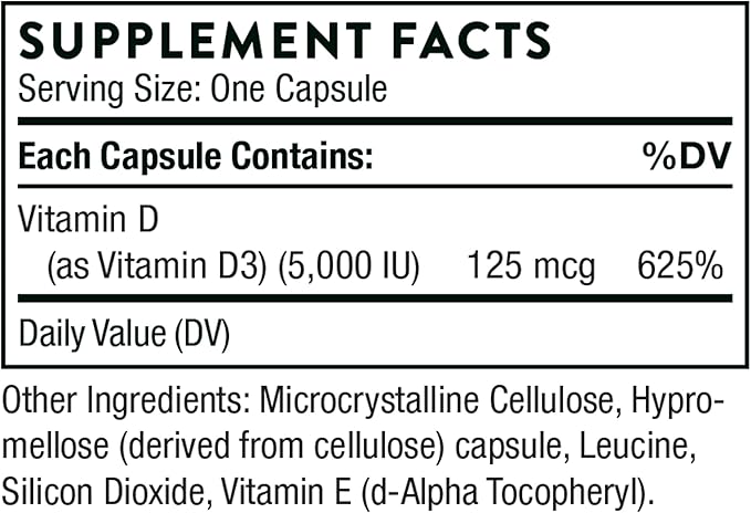 THORNE - Vitamin D-5000 - Vitamin D3 Supplement - Support Healthy Bones, Teeth, Muscles, Cardiovascular, and Immune Function* - NSF Certified for Sport - Dairy-Free, Soy-Free - 60 Capsules