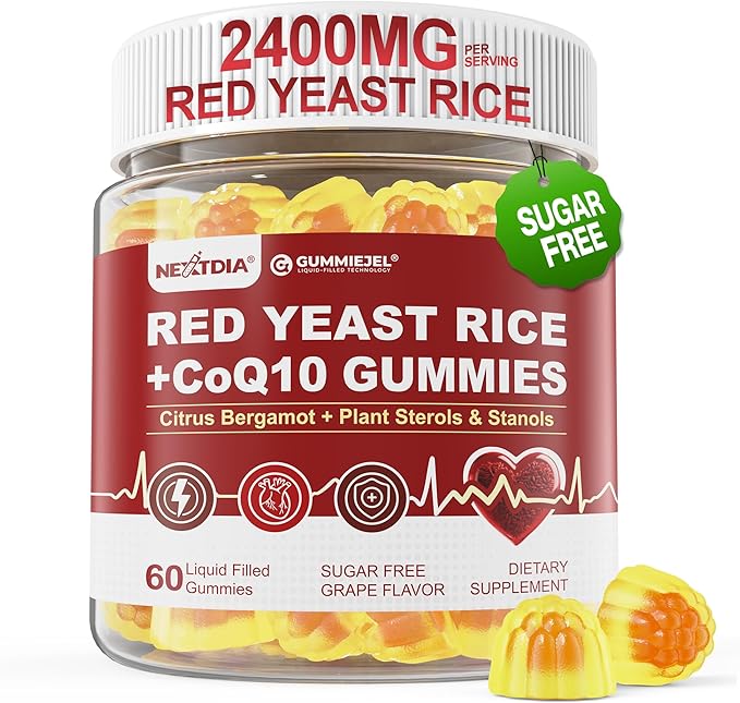 Red Yeast Rice Gummies 2400MG with CoQ10, Suagr Free Balanced Cholesterol Supplements Plus Citrus Bergamot, Plant Sterols & Stanols Supports Vascular Health, Energy, Immunity for Age 50+,Vegan,60 Cts