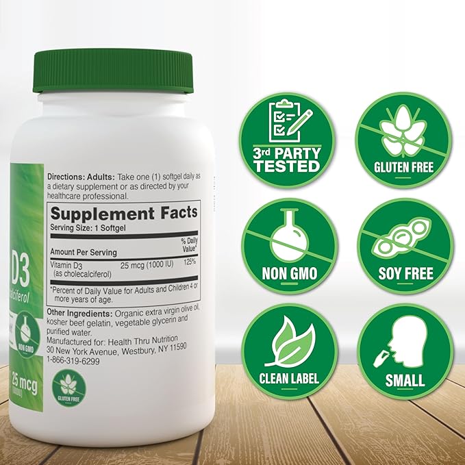 Health Thru Nutrition Vitamin D3 1,000iu 100 Mini Softgels for Maximum Benefit | 25mcg Cholecalciferol | 3rd Party Tested | Non-GMO USP Grade in Organic EVOO | Immune Health Support