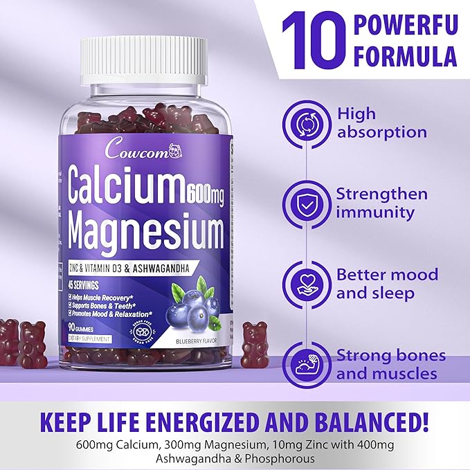 Calcium Magnesium Zinc Gummies & Vitamin D3,B6,B12,Immune & Supporting Bone Health Calcium Magnesium Supplement for Women Men,Sugar-Free Vegan Blueberry Flavored 90 Counts