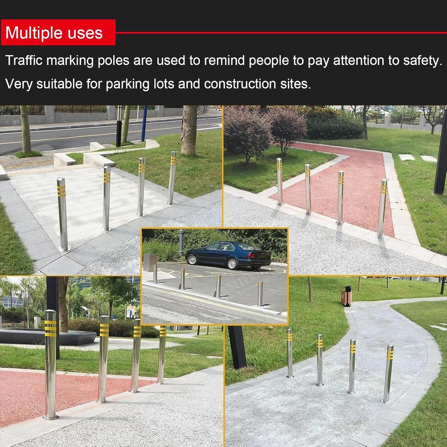 Stainless Steel Parking Bollards for Driveway, Industrial Safety Bollards Reflective Channelizer Post, Parking Barrier, Sturdy and Durable, Easy to Install, for Crowd Control(Silver (4pcs),7.6*75cm/3*