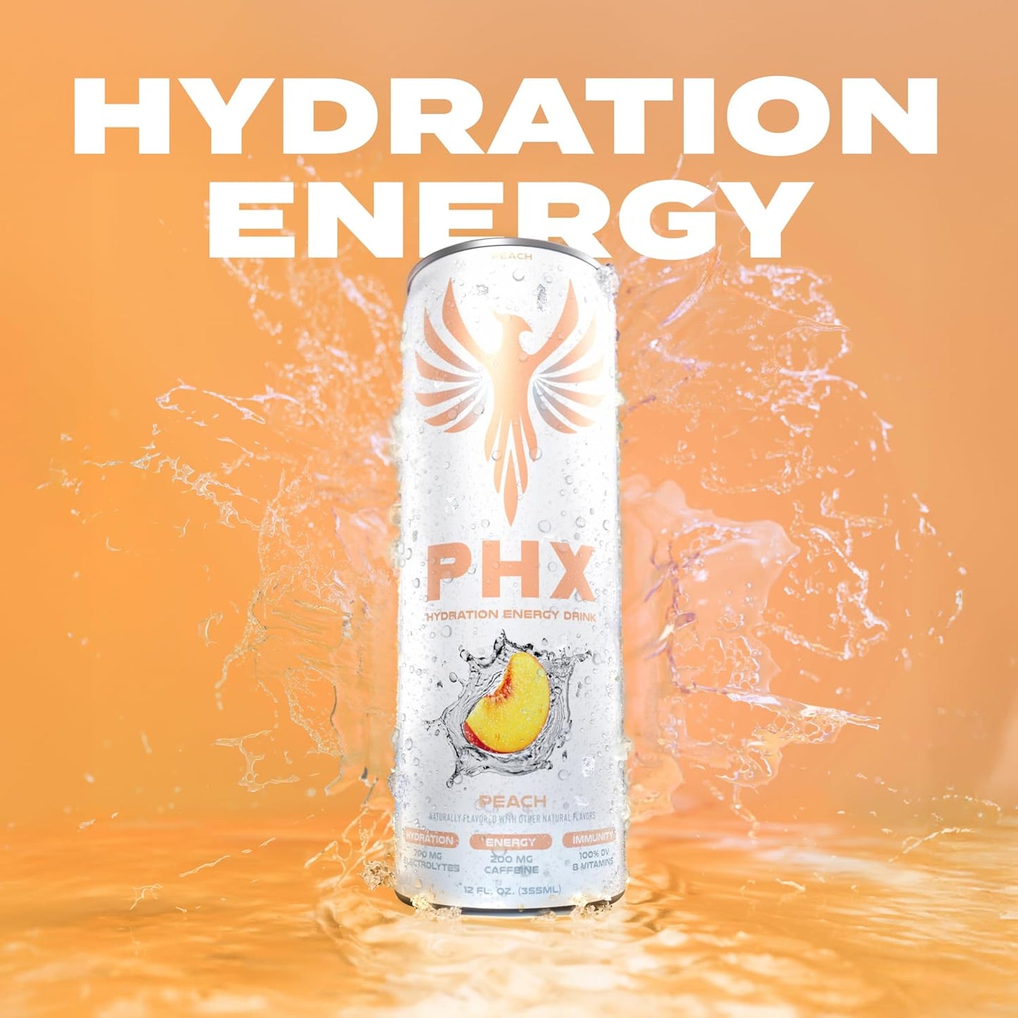 PHX Hydration Energy Drink - 700mg Electrolytes, 200mg Natural Green Tea Caffeine, 100% Daily Value 8 Essential Vitamins - 12 oz Cans (12 Pack) (12 Pack, Peach)