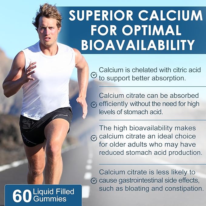 Calcium Citrate 1000mg, Calcium Gummies with Calcium & Magnesium 2:1 Ratio, Plus Vitamin D3, Zinc, B6 & Potassium – High Absorbable Calcium Chewable, Bone & Muscle Support, Vegan, Sugar-Free, 60Cts