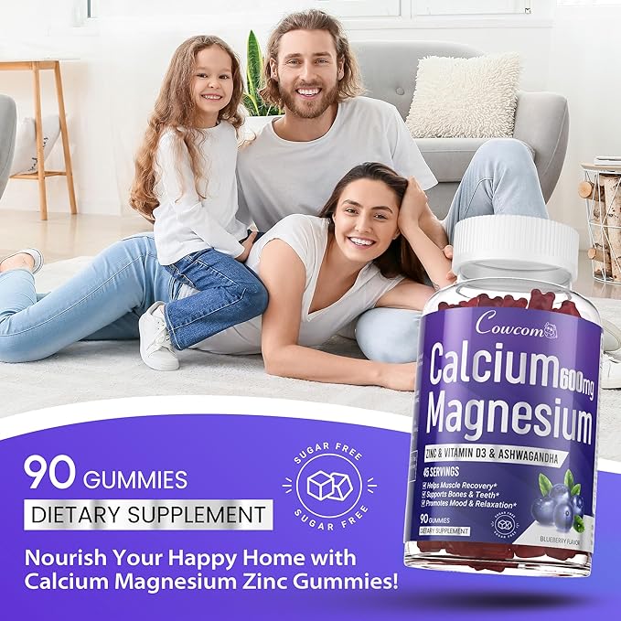Calcium Magnesium Zinc Gummies & Vitamin D3,B6,B12,Immune & Supporting Bone Health Calcium Magnesium Supplement for Women Men,Sugar-Free Vegan Blueberry Flavored 90 Counts