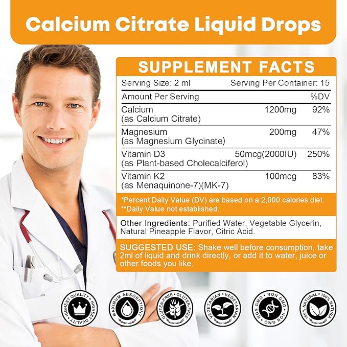 Calcium Citrate Supplement – Calcium Citrate 1200mg with Vitamin D3 Drops | Highly Absorbable | Non-GMO, Gluten-Free | Bones, Teeth & Muscle Support - 1 Fl Oz (2 Pack)