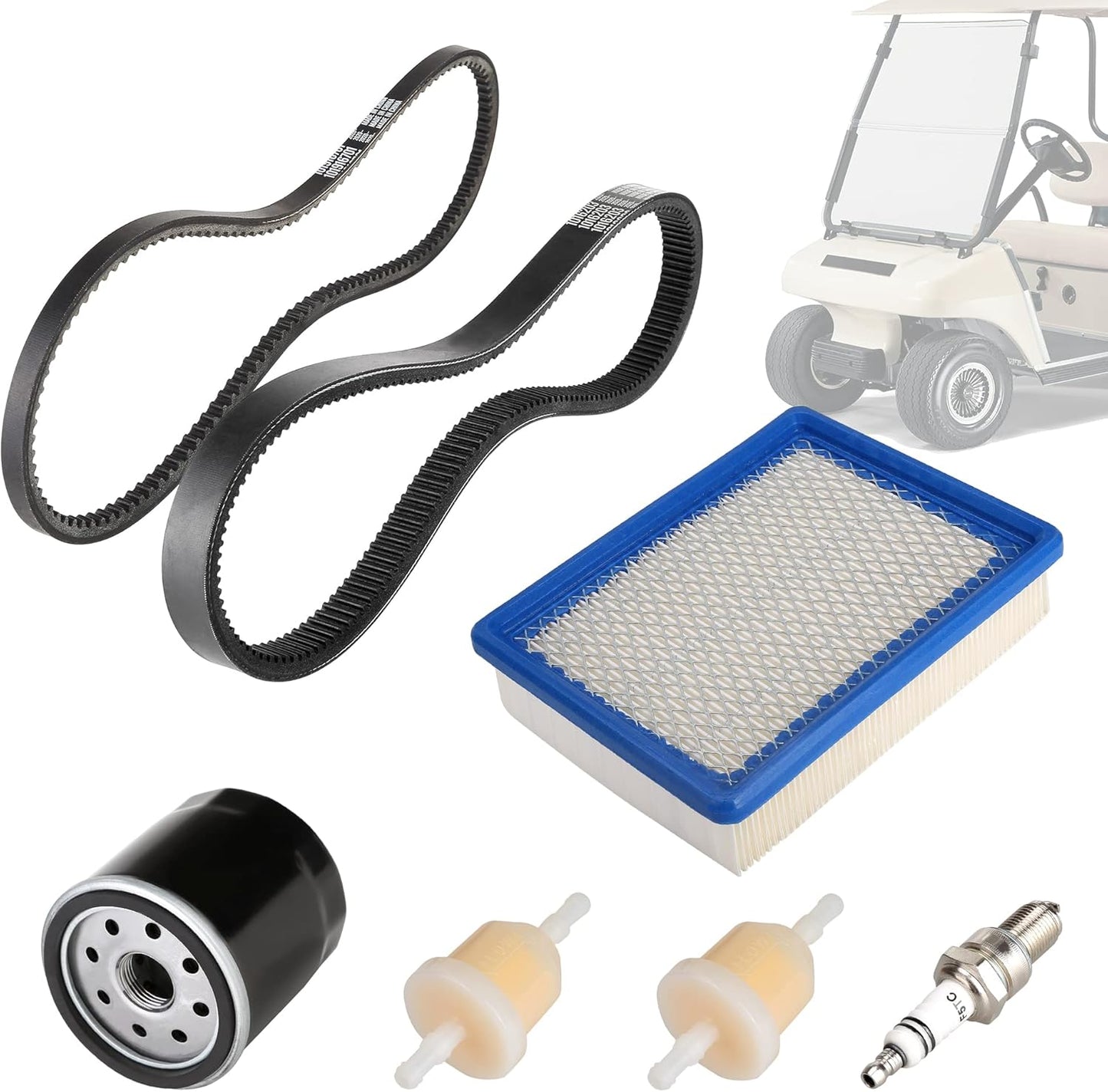 10L0L Golf Cart DS Tune Up Kit W/Clutch Drive Belt &Generator Belt fit 1992-2004 Club Car DS Gas Models with FE290,FE350 Kawasaki Motor, Incl. Air & Oil Fuel Filters Spark Plug,OEM 1025582, 101916701