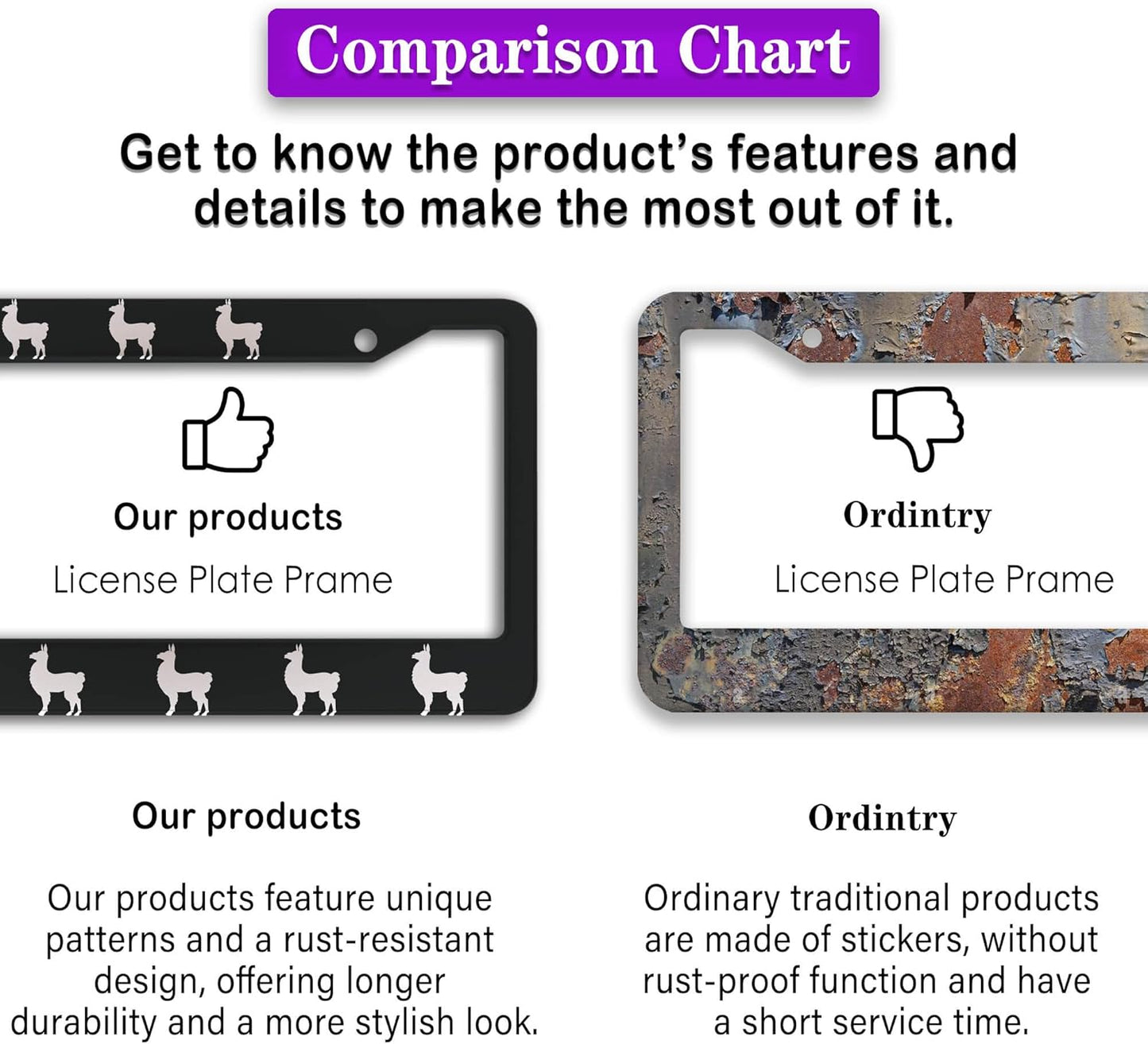 License Plate Frames Black and White Automotive Exterior Accessories Llama Aluminum Metal Car Accessory 2 Pack with Screw Covers Set