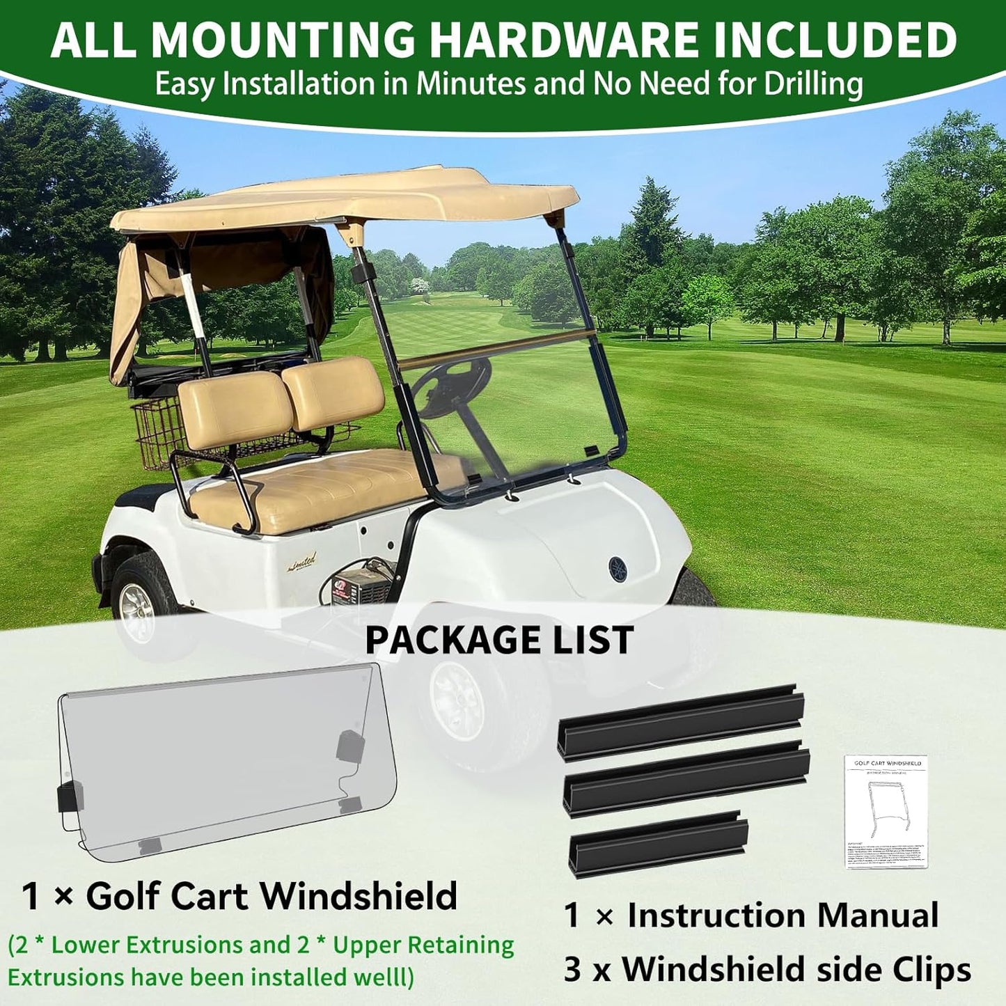 Golf Cart Foldable Windshield 3/16" (5MM) Thicken Only Fits 2003-2006 Yamaha G22, Fits 1"×1" Strut Rail Front Folding Acrylic Windshield Replacement, Included Mounting Hardware - Clear