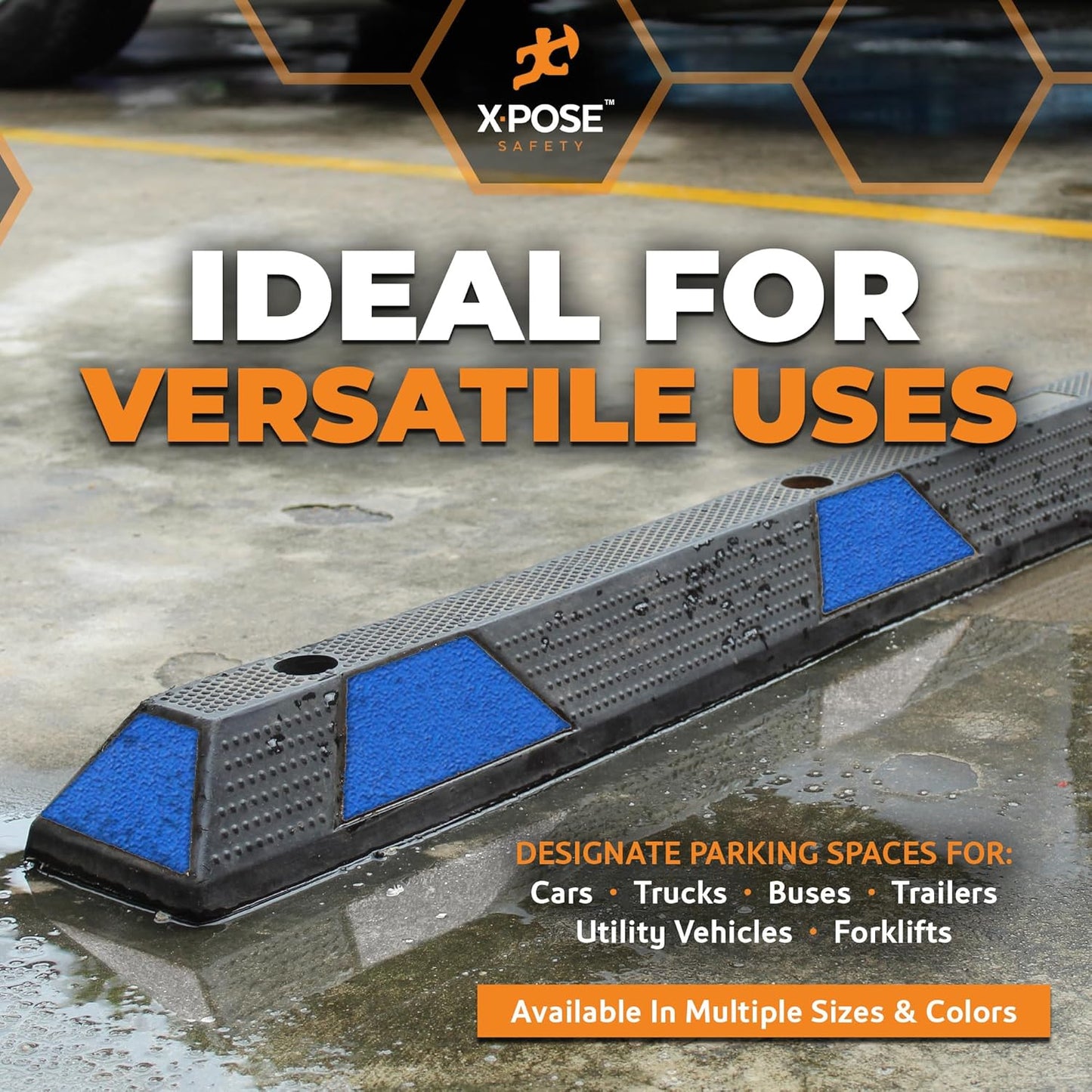 Xpose Safety 72" Heavy Duty Rubber Parking Stopper – 10 Pack Wheel Blocks for Garage, Driveway, or Ramp – Car Bumper Stop with Blue Reflective Strips – Removable Floor Mount