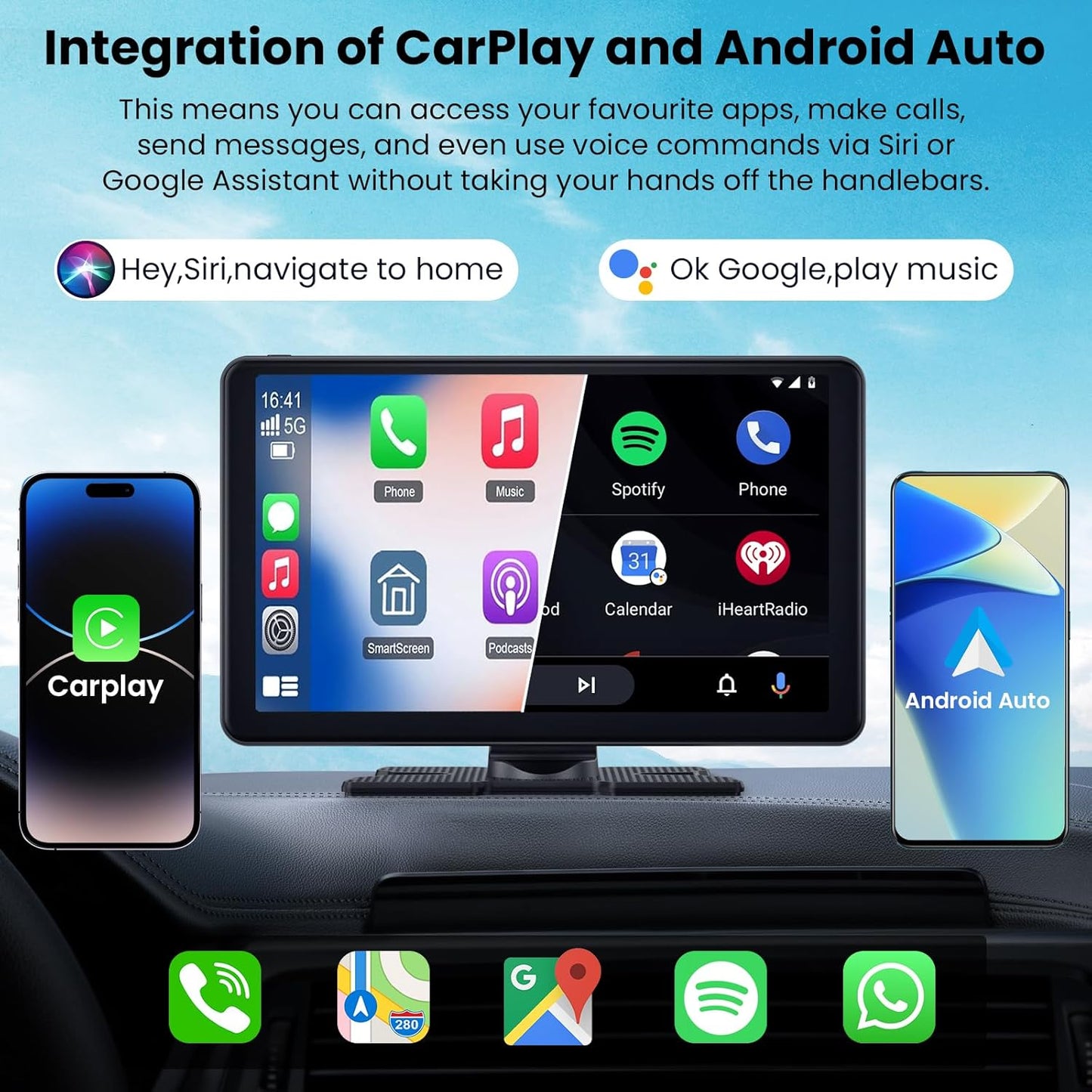 Wireless Portable Carplay Screen with 4K Dash Cam, 9" HD Touch Screen with A-pple Carplay & Android Auto Car Stereo, with 1080p Backup Camera, GPS Navigation/Mirror Link/Voice Control/Bluetooth