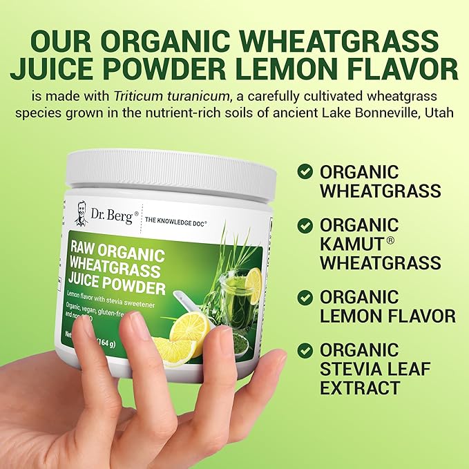 Dr. Berg USDA Certified Organic Green Powder Superfood (60 Servings) - Made with Raw Wheatgrass, Chlorophyll, Trace Minerals & Natural Enzymes - Non-GMO Green Superfood Powder - Lemon Flavor
