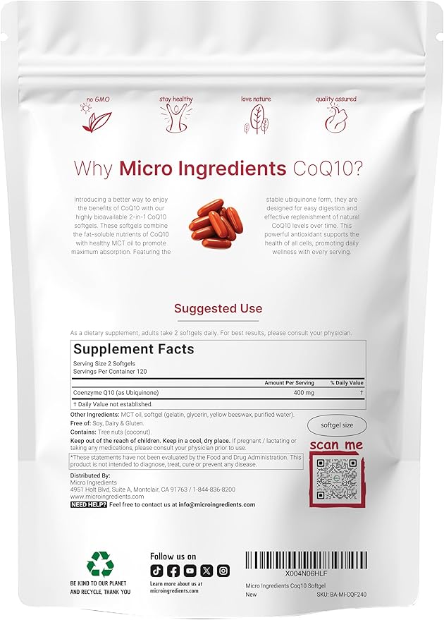 Micro Ingredients CoQ10 400mg Per Serving | 240 Softgels with Coconut MCT Oil | High Absorption Coenzyme Q10 as Ubiquinone | Antioxidant Support for Heart & Energy Health | Non-GMO