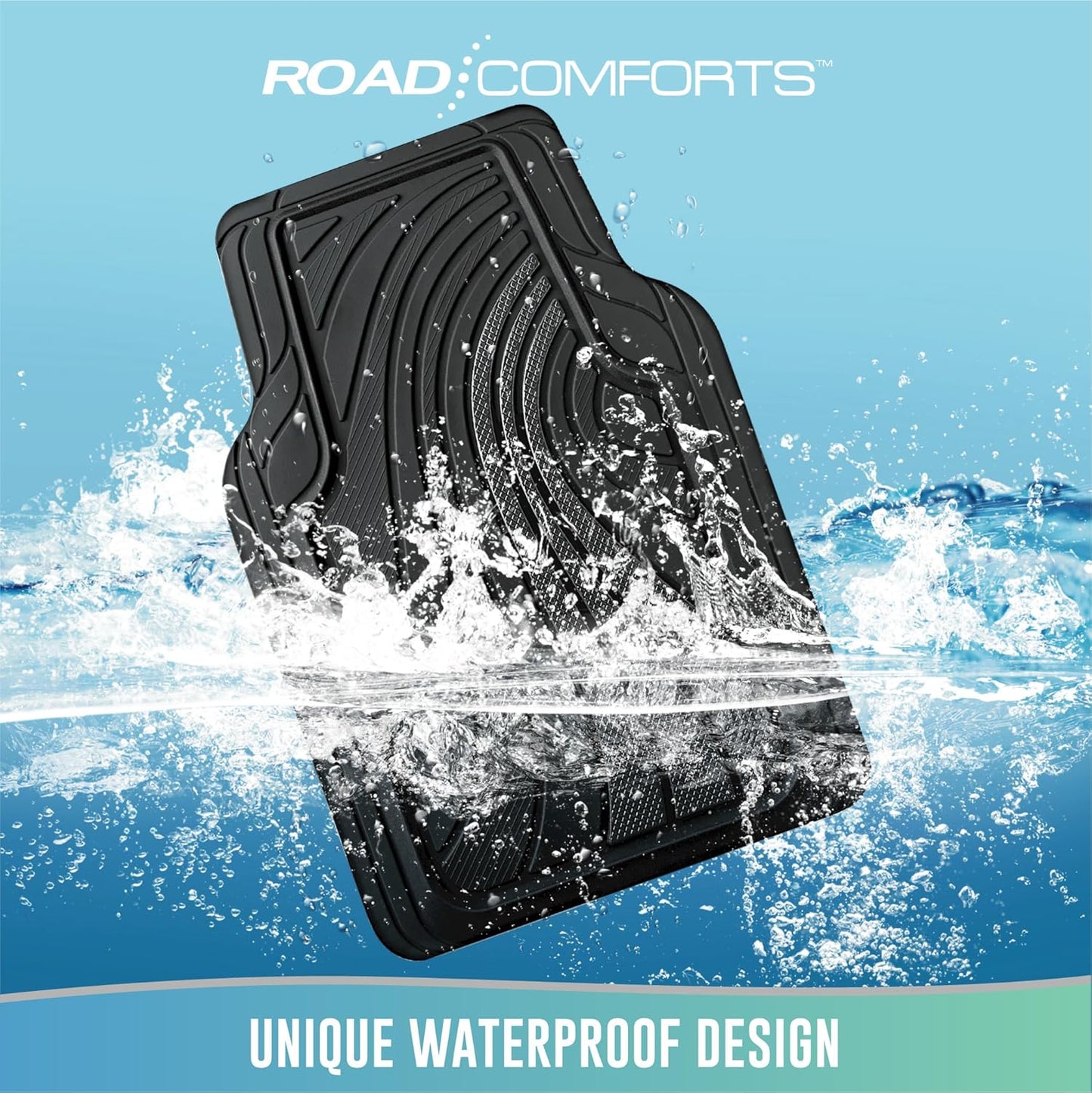 Road Comforts Car Floor Mats Full Set – Front & Rear Car Floor Mats with Aluminum Design, Anti-Slip Backing, All-Weather Protection, Trim-to-Fit Car Mats for Most Sedans, SUVs & Vans - Black