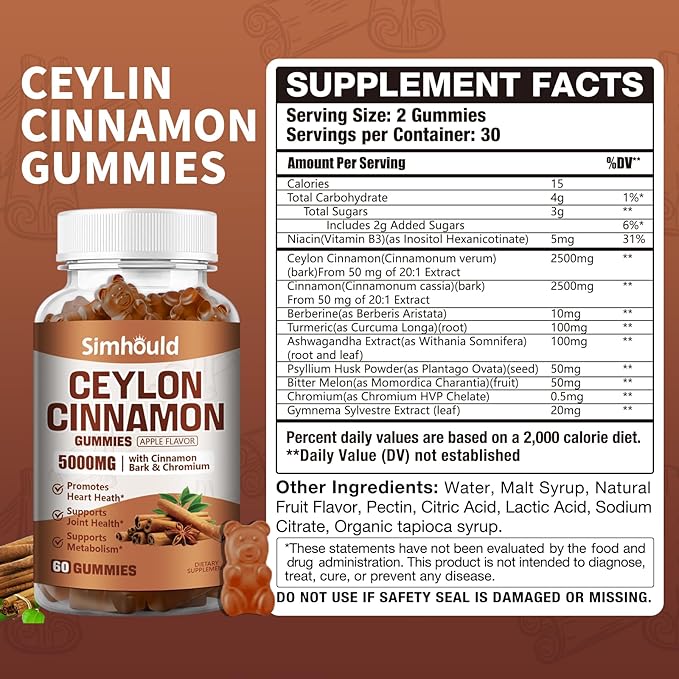 1 Pack Ceylon Cinnamon Gummies 5000MG with Ceylon Cinnamon & Cassia,Joint Support,Cinnamon Supplement & Brain Health,Vegan,Gluten-Free,Cinnamon Apple Flavor,60 Gummies.