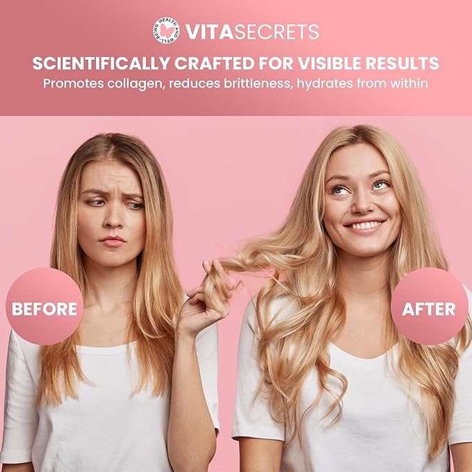 Vitasecrets Hair, Skin & Nails Super Blend – 90 Capsules with Biotin, Collagen, and Hyaluronic Acid for Healthy Hair, Glowing Skin, and Stronger Nails – Non-GMO, Gluten-Free, Made in The USA