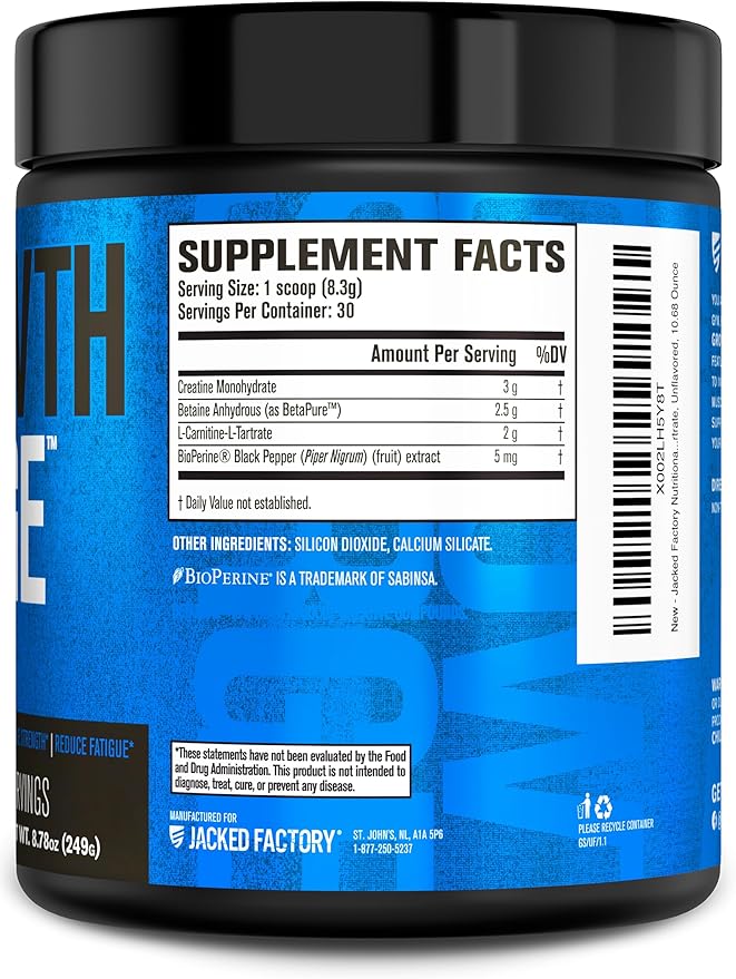 Jacked Factory Growth Surge Creatine Post Workout Powder w/L-Carnitine, Daily Muscle Builder & Recovery Supplement with Creatine Monohydrate, Betaine, L-Carnitine L-Tartrate - 30 Servings, Unflavored