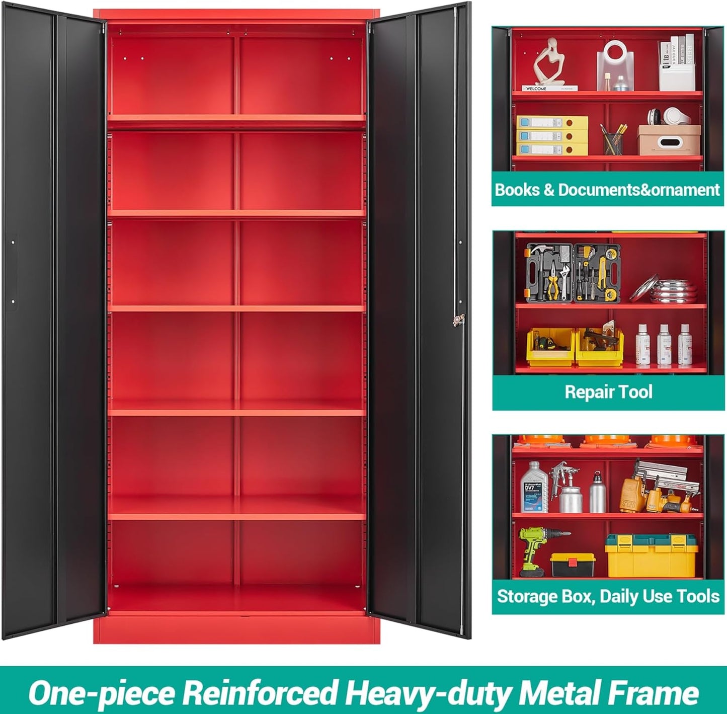 SISESOL Wide & Deep Metal Storage Cabinet with Lock & 5 Adjustable Shelves,72" Red Black Garage Storage Cabinet with Locking Doors,Lockable Cabinets for Home,Office,Shop,Garage,Basement 72x36x18