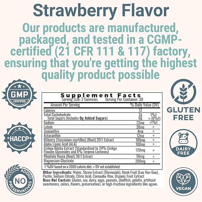Rhodiola Rosea ALA Ginkgo Biloba Astaxanthin Lutein Zeaxanthin Bilberry Magnesium Glycinate Gummies for Eyes Brain Kids, Rhodiola ALA Capsules Pills Tincture Supplements Alt, 300mg 24mg 20mg 12mg 40mg