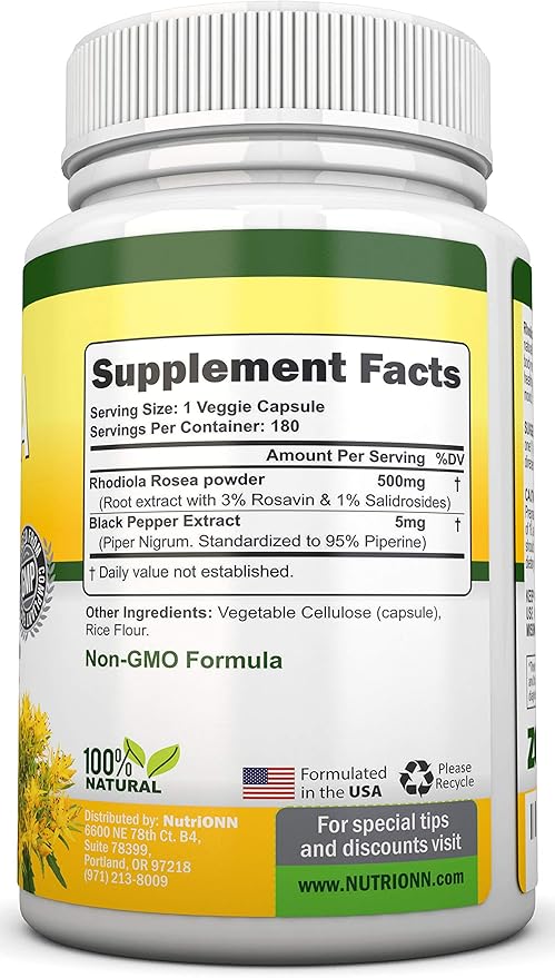 Rhodiola Rosea - 500mg - 180 Vegan Capsules - 3% Rosavin 1% Salidroside Extract - Non-GMO - with Black Pepper for Enhanced Absorption - 6 Month Supply - Supplement for Energy & Stamina