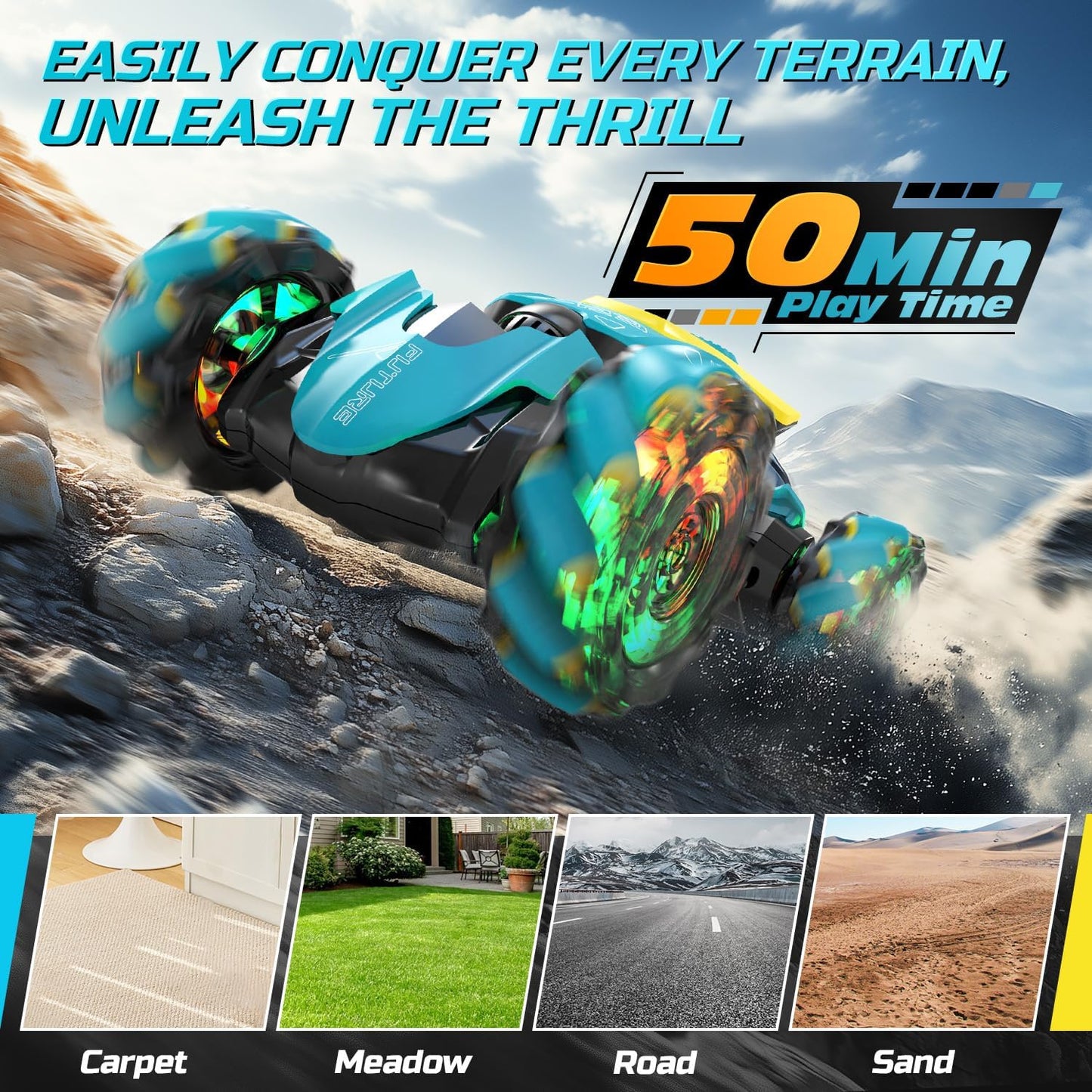 DEERC Gesture Sensing RC Stunt Car with Fog Mist & Music, 4WD Hand Controlled Remote Control Drift Car Toy for Kids, All Terrain Off-Road Double-Sided Driving with Lights, Birthday Gift for boy