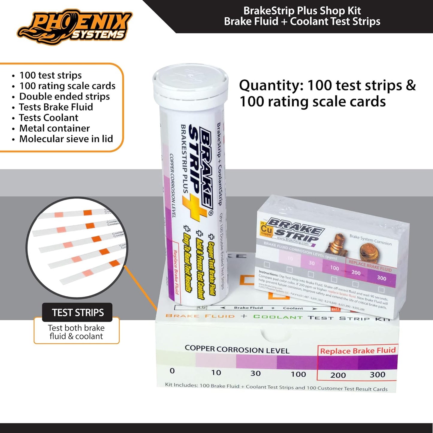Phoenix Systems BrakeStrip Plus Service Center Kit. Double Ended Brake Fluid Plus Coolant Test Strips and Rating Scale Cards