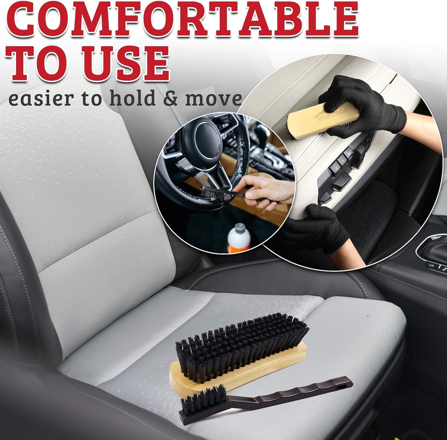 Leather & Textile Shine Brush by TAKAVU, Durable Soft Nylon Bristles, Included Detailing Cleaning Brush, Unique Concave Design Wood Handle for Car Interior Seat Carpet Upholstery Couch Boots Shoes
