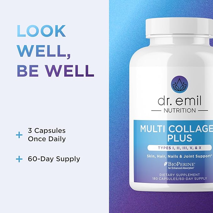 DR. EMIL NUTRITION Women's Multi Collagen Pills | Collagen Supplements to Support Hair, Skin, Nails, & Joints | Hydrolyzed Collagen Supplements Types I, II, III, V & X | 180 Capsules